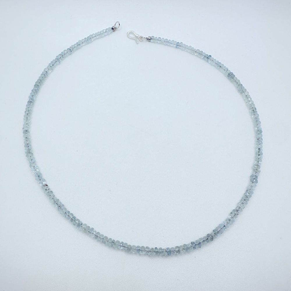 17" of 4mm rondelle, faceted Aquamarine beaded necklace with s925 hardware!